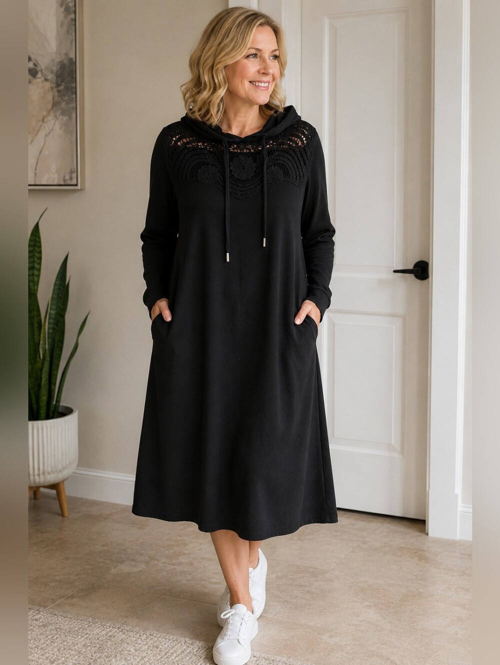 NWTBlack Hooded Midi Dress with Crochet Yoke.one Size Pit To Pit 23"